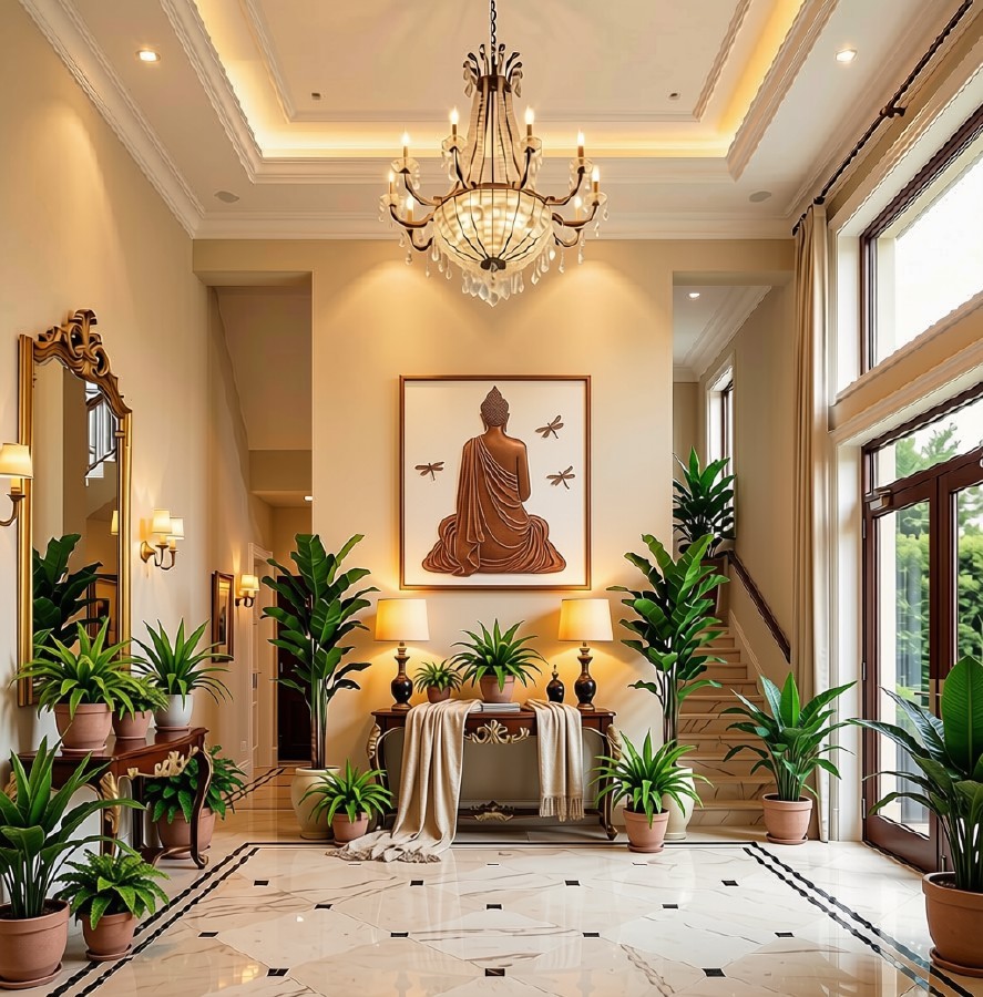 Copper wire art in a foyer setting